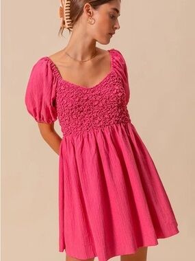 So Me Fuchsia Smocked Puff-Sleeve Mini Dress